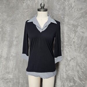 BCX Striped Collar Top Women M Black 2-in-1 Timeless V-Neck Preppy Dark Academia
